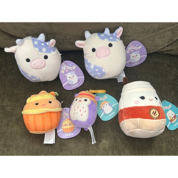 Kellytoy Other - Squishmallows Bundle Liesel Daisy Cow Keisha Pumpkin Renne Latte Holly Clip 5pc